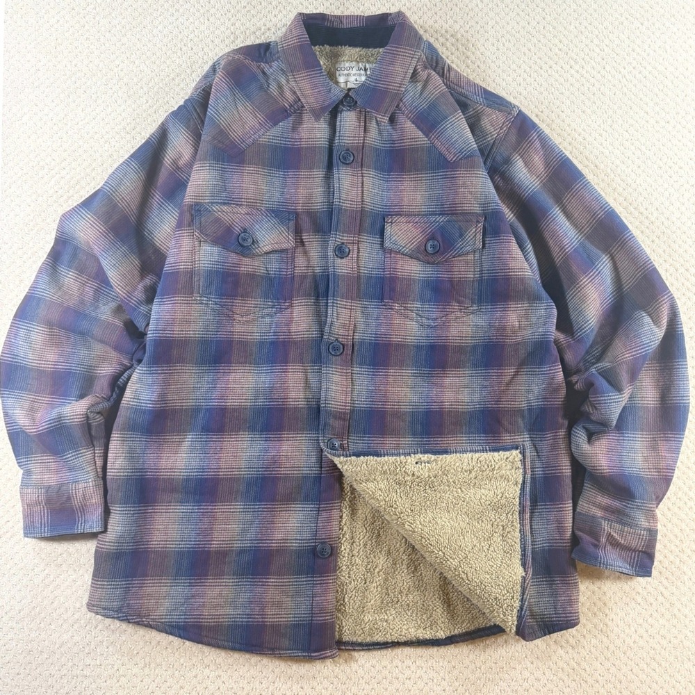 Flannel Trucker Jacket Sherpa Lined Mens LG Plaid Western Barn Chore Cabin Warm